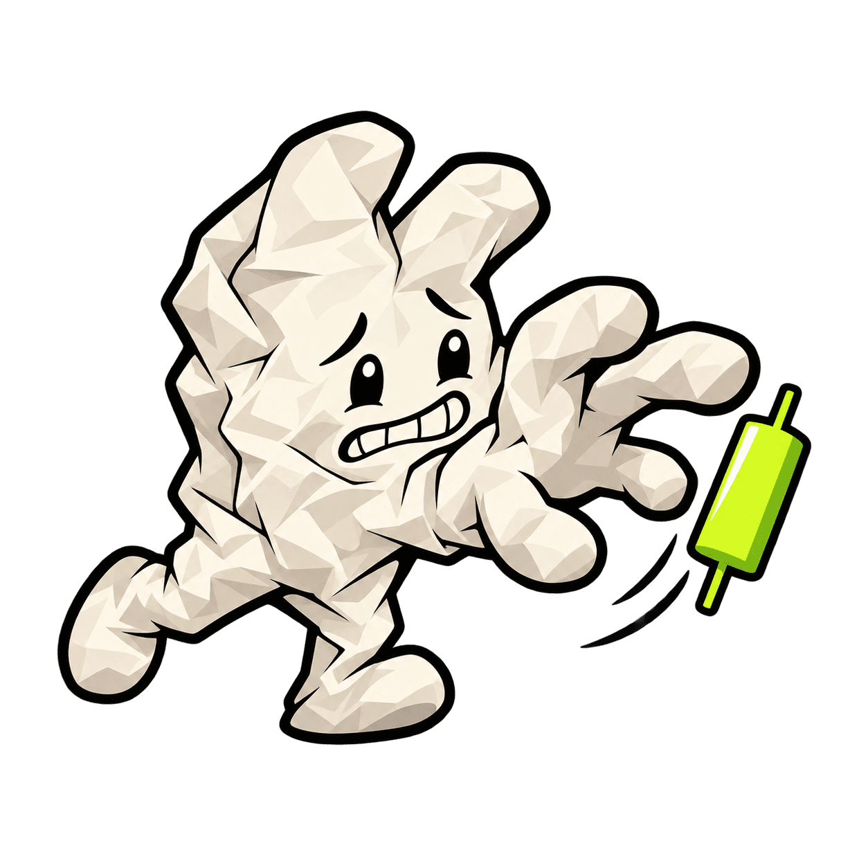 Fumble, the paper-hand mascot, chasing a green candlestick